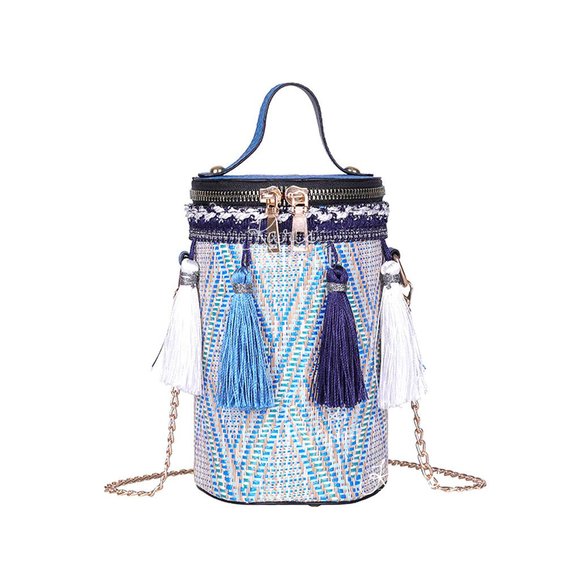 Staycation Blue Tassle cylinder bucket bag purse - Picture 2 of 7